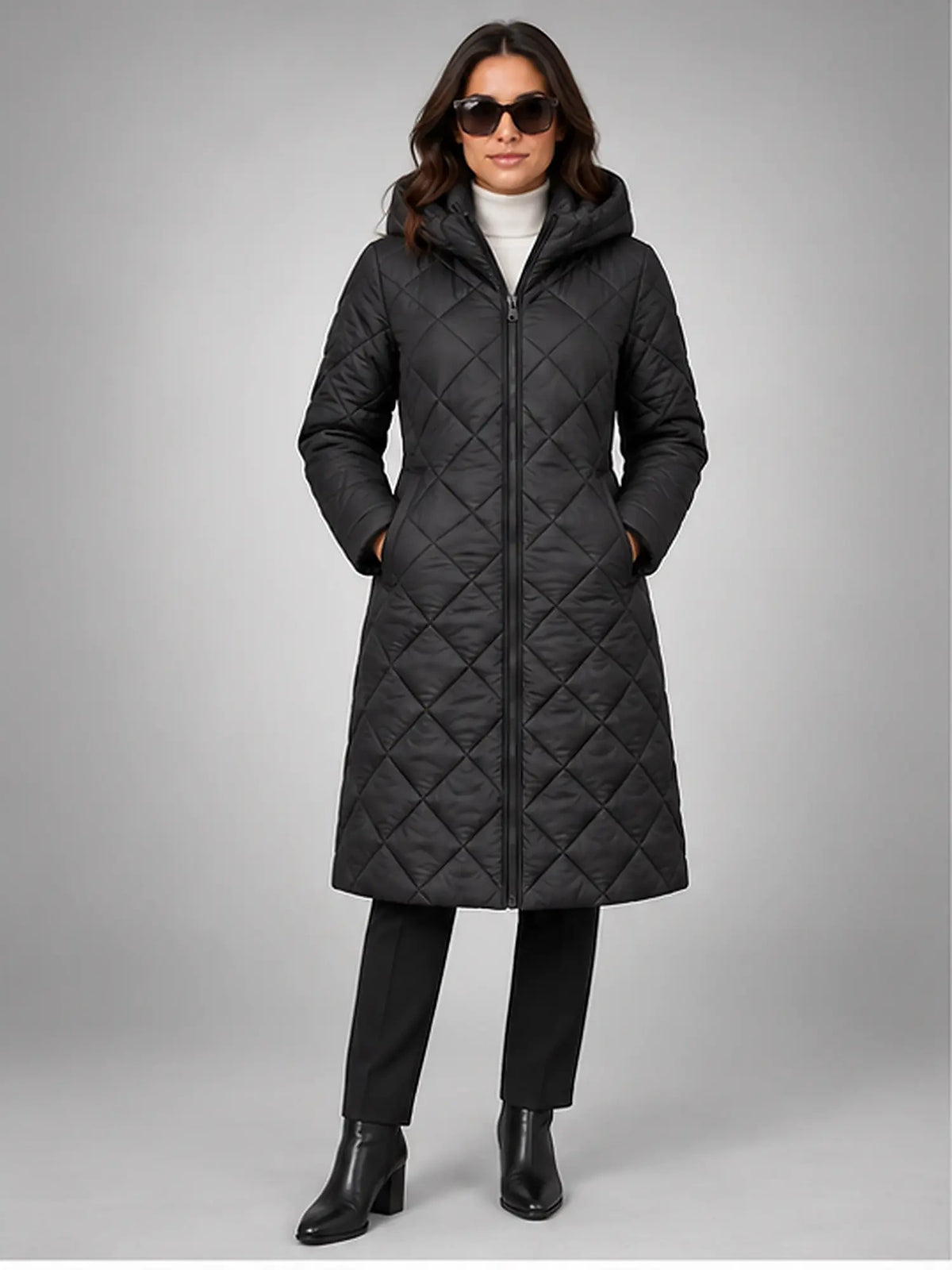 Women's Diamond Quilted Coat – Long Hooded Length in Black — front view