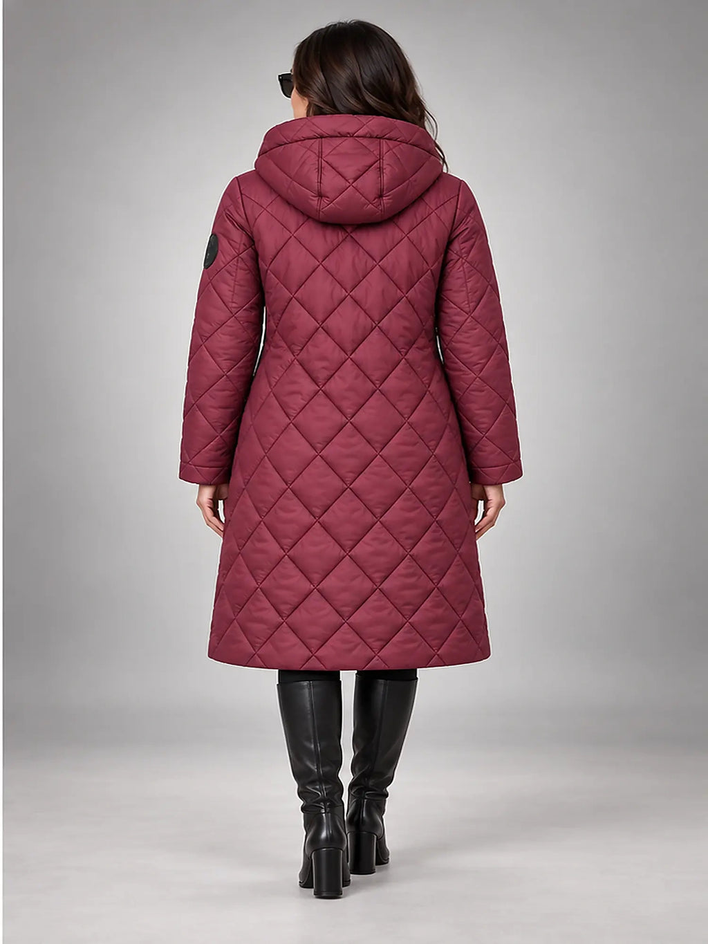 Women's Diamond Quilted Coat – Long Hooded Length in Burgundy — back view