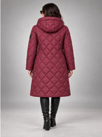 Women's Diamond Quilted Coat – Long Hooded Length in Burgundy — back view