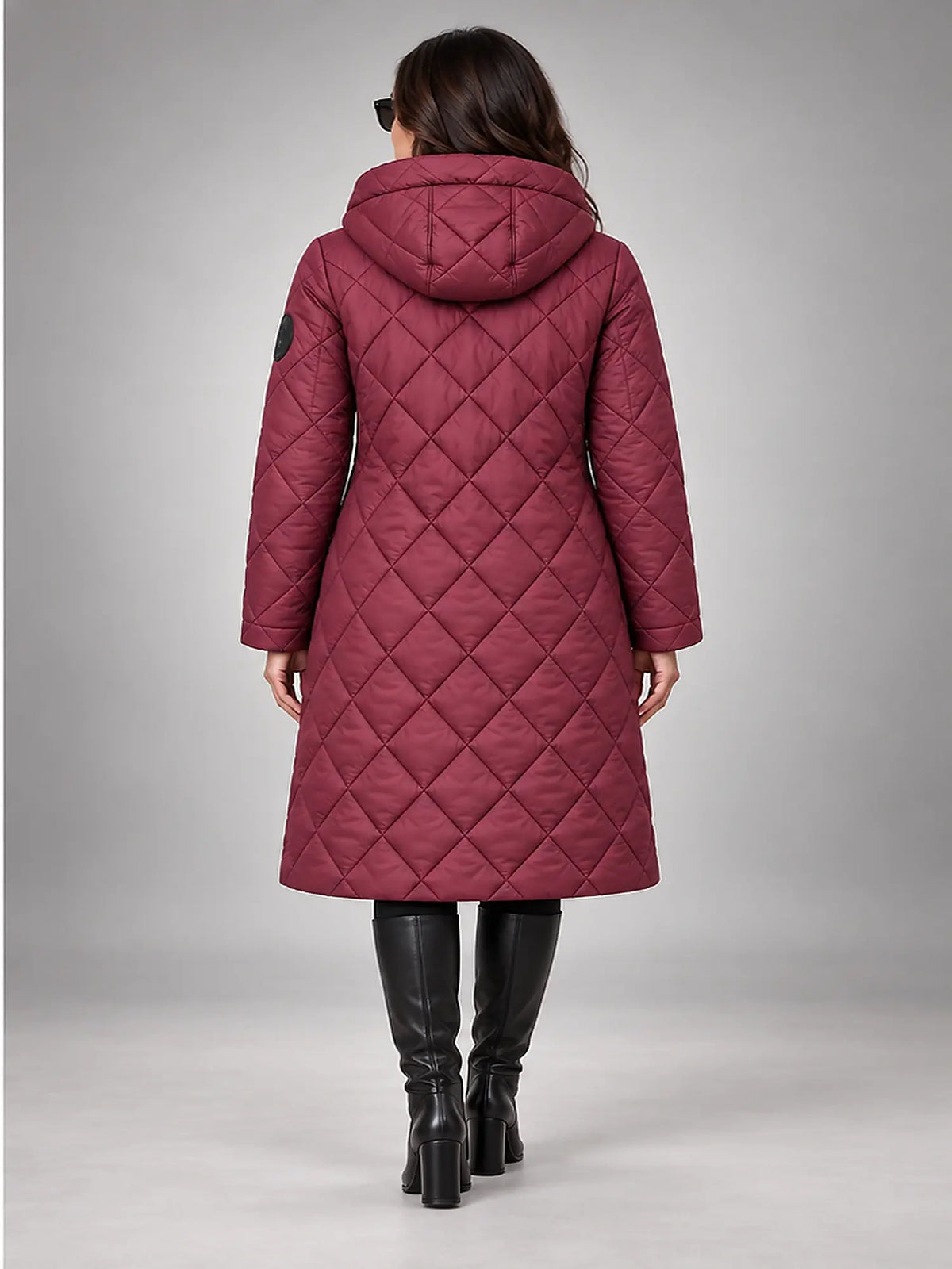 Women's Diamond Quilted Coat – Long Hooded Length in Burgundy — back view