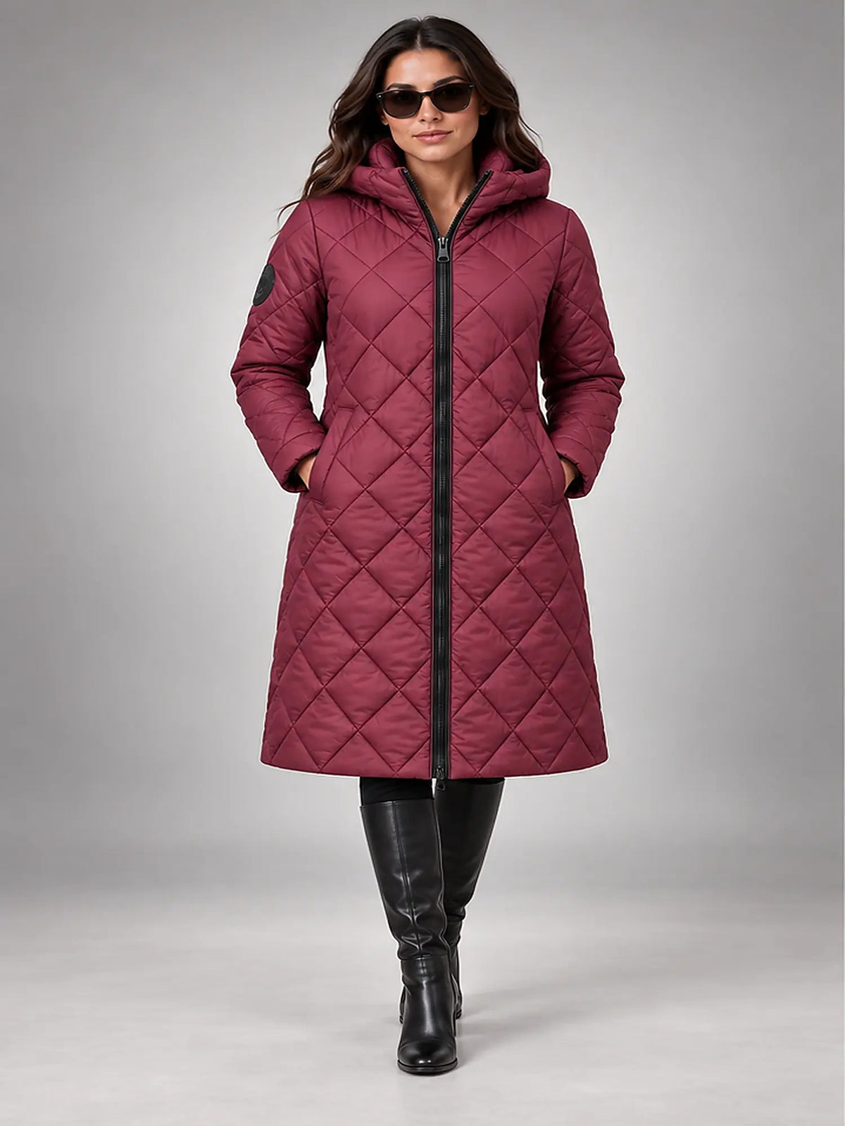 Women's Diamond Quilted Coat – Long Hooded Length in Burgundy — front view