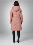 Women's Diamond Quilted Coat – Long Hooded Length in Dusty Rose — back view