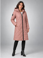 Women's Diamond Quilted Coat – Long Hooded Length in Dusty Rose — alternate view