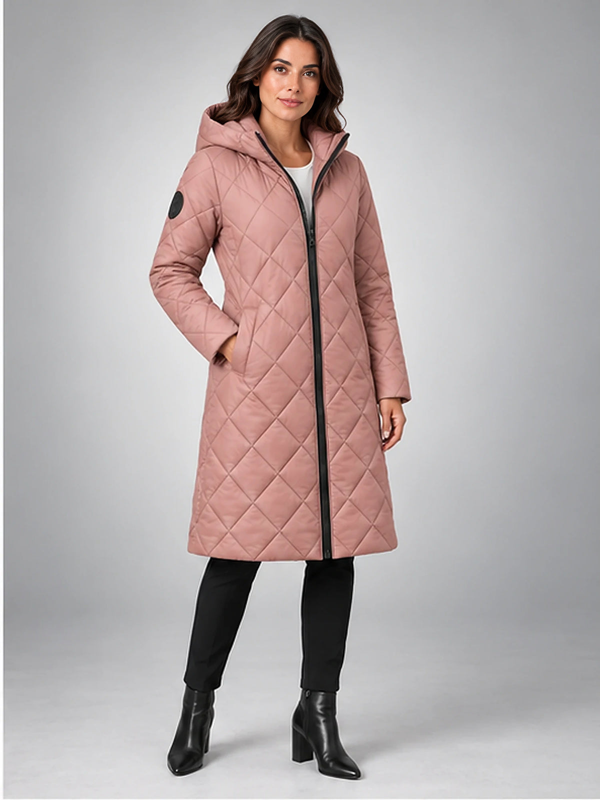 Women's Diamond Quilted Coat – Long Hooded Length in Dusty Rose — alternate view