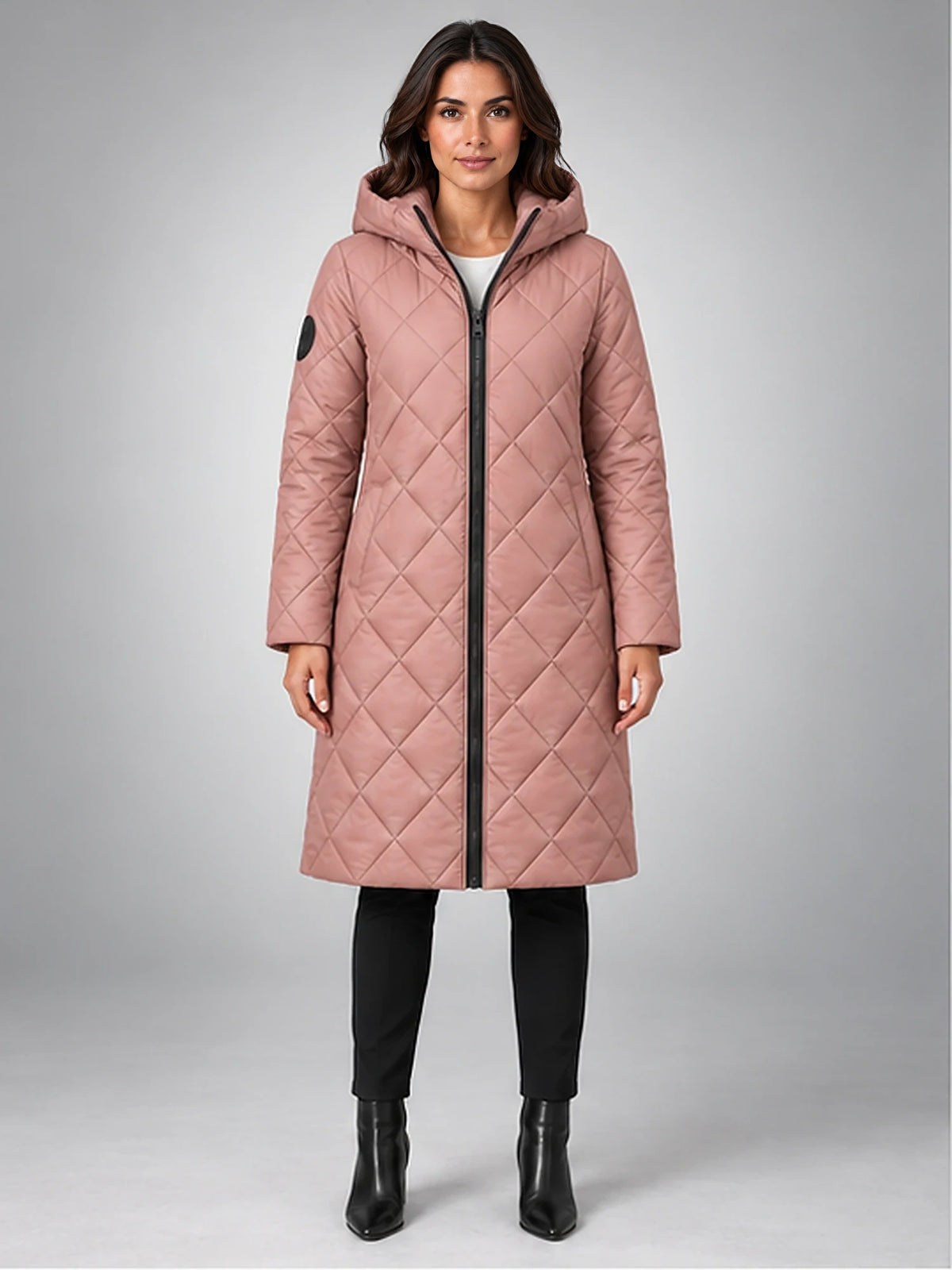 Women's Diamond Quilted Coat – Long Hooded Length in Dusty Rose — front view