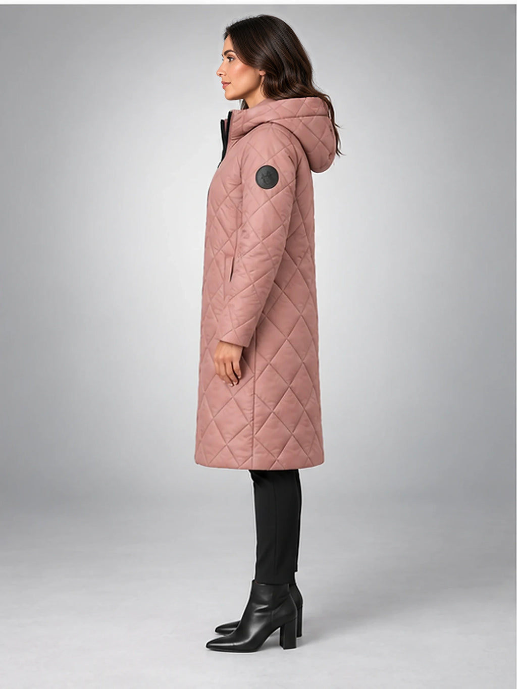 Women's Diamond Quilted Coat – Long Hooded Length in Dusty Rose — side view