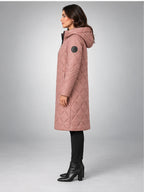 Women's Diamond Quilted Coat – Long Hooded Length in Dusty Rose — side view