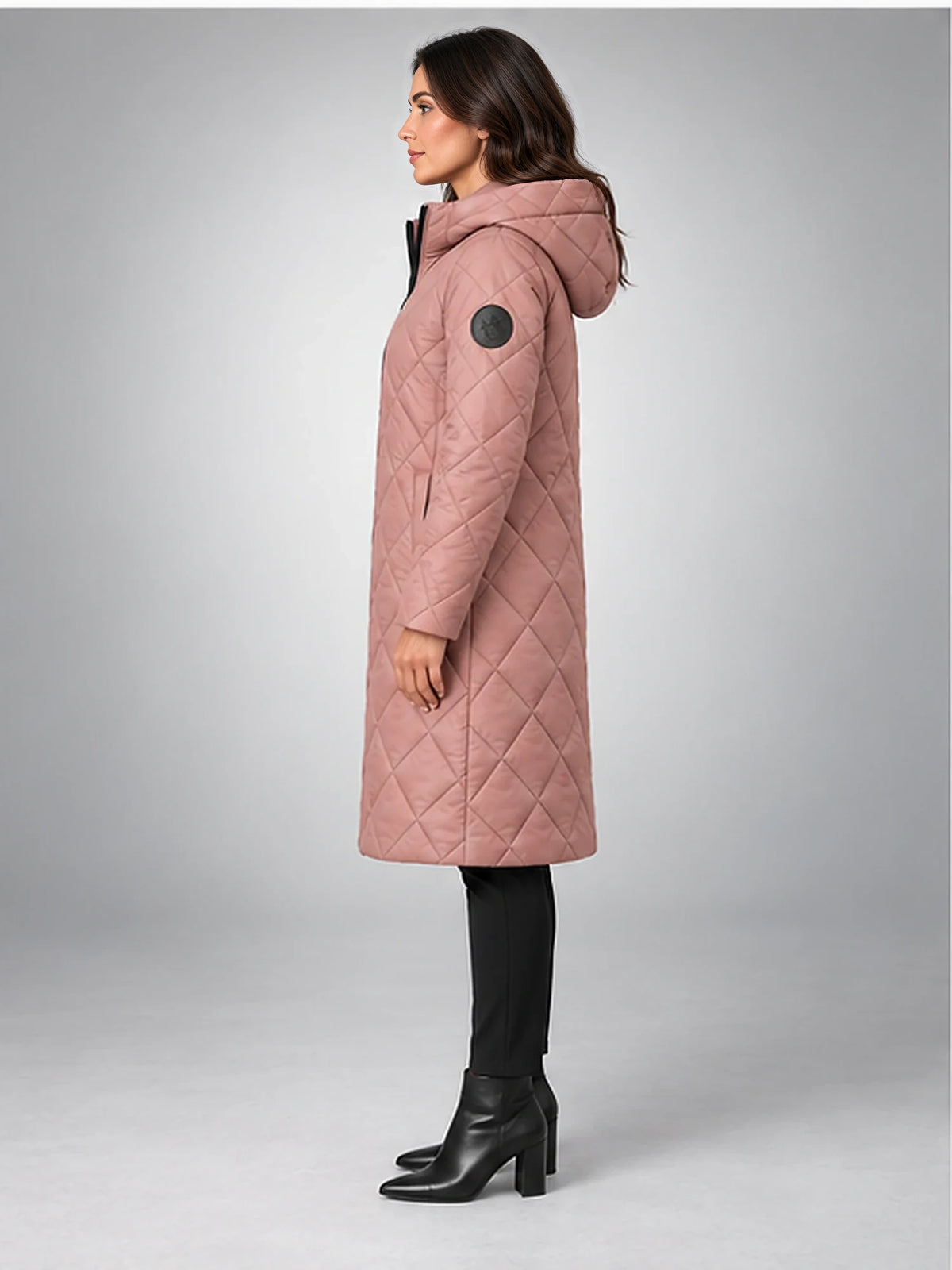 Women's Diamond Quilted Coat – Long Hooded Length in Dusty Rose — side view