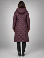 Women's Diamond Quilted Coat – Long Hooded Length in Plum — back view