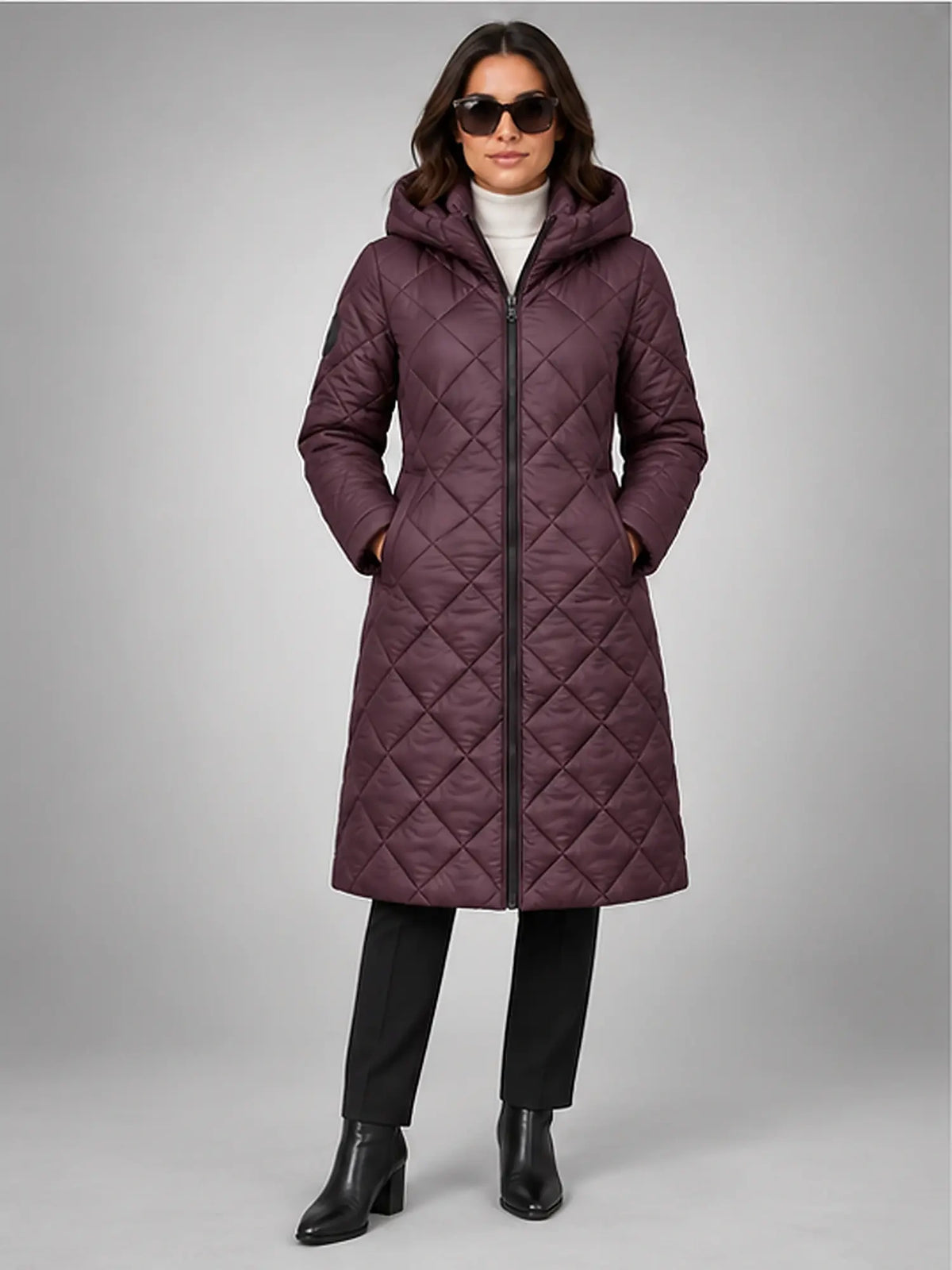 Women's Diamond Quilted Coat – Long Hooded Length in Plum — front view
