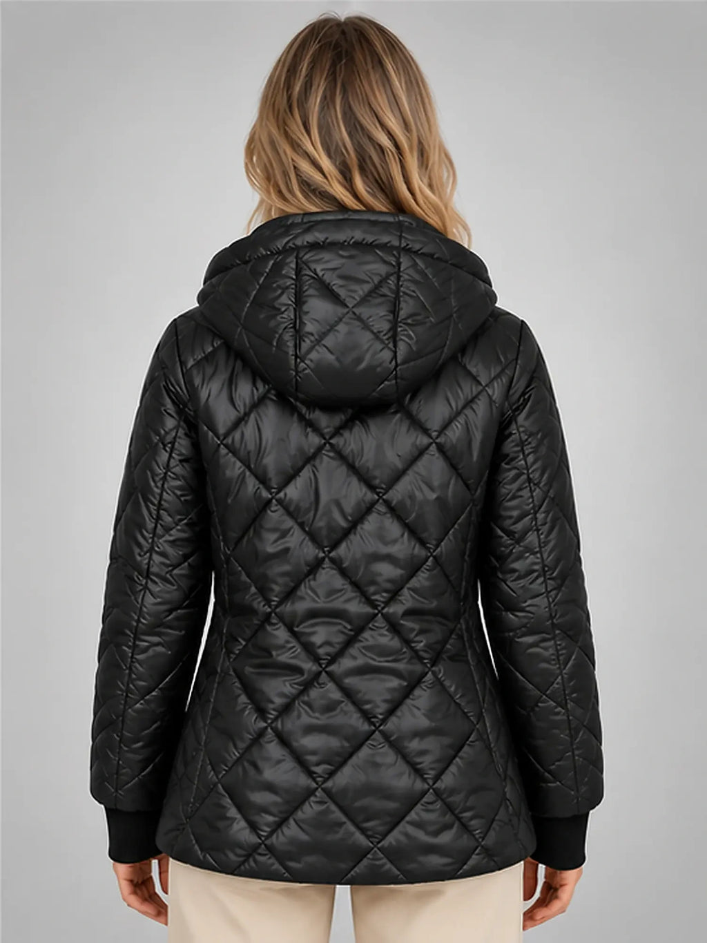Women's Diamond Quilted Jacket – Hooded Short Length in Black — back view