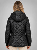 Women's Diamond Quilted Jacket – Hooded Short Length in Black — back view