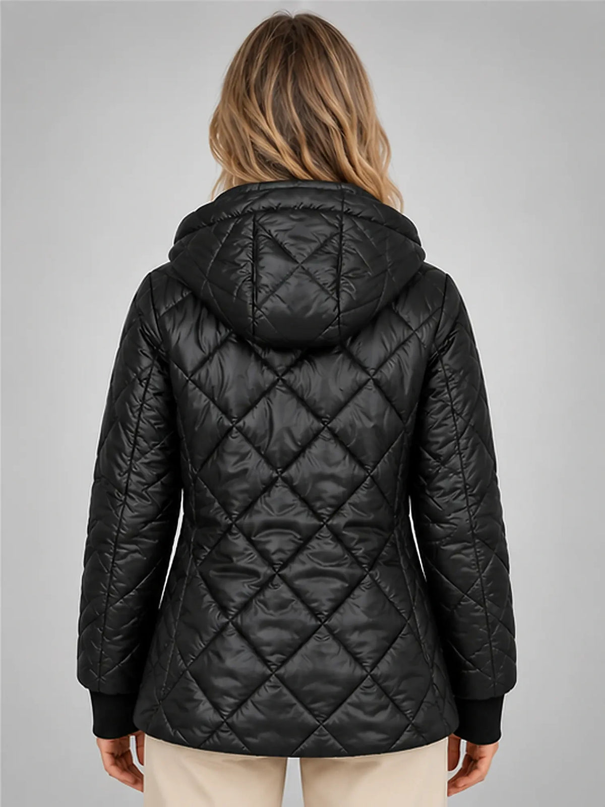 Women's Diamond Quilted Jacket – Hooded Short Length in Black — back view