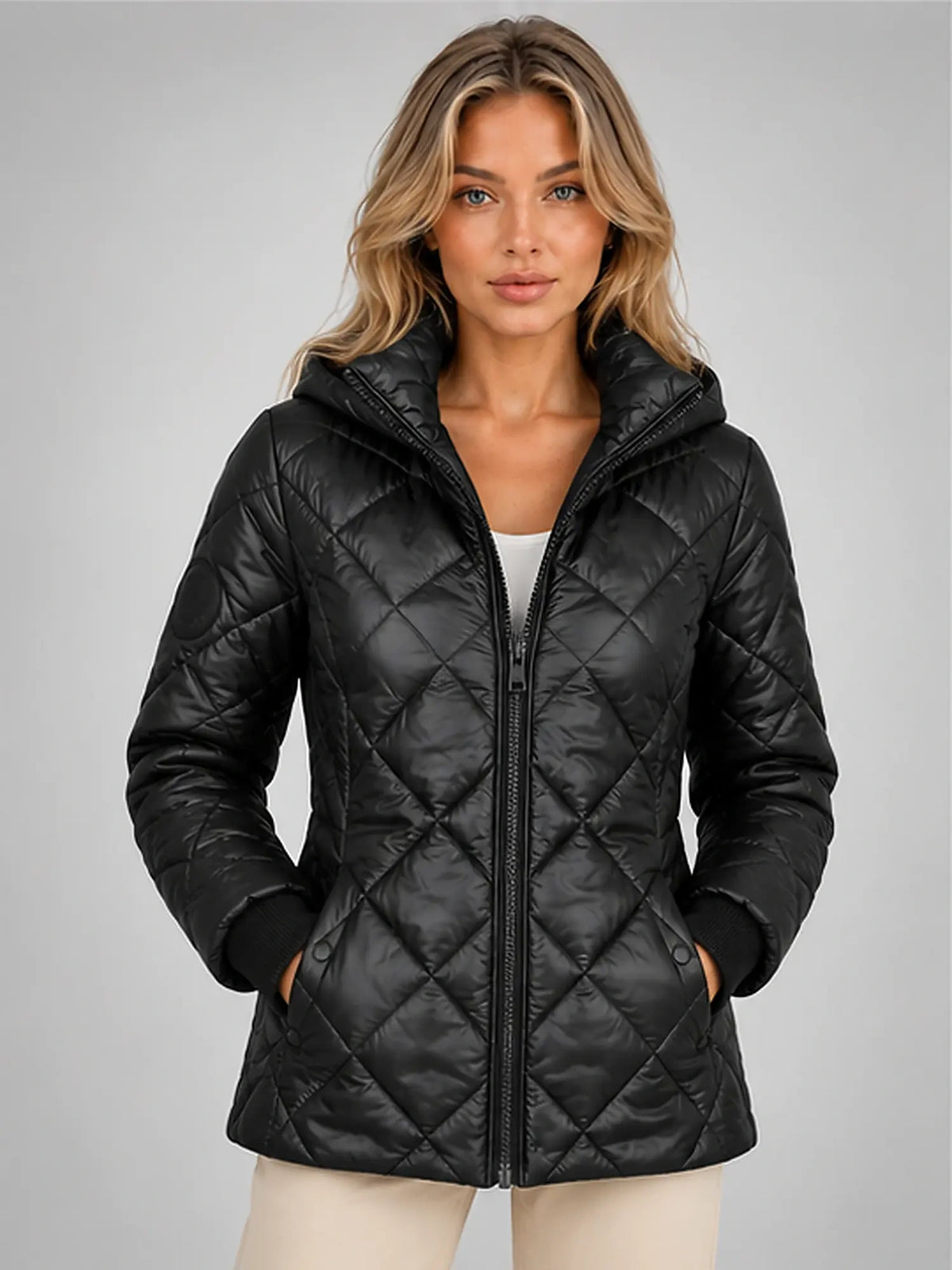 Women's Diamond Quilted Jacket – Hooded Short Length in Black — front view