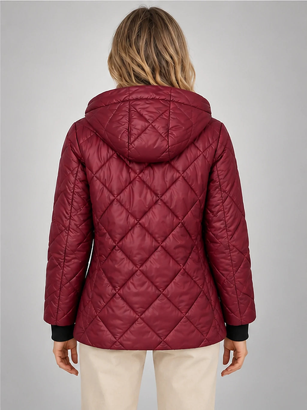 Women's Diamond Quilted Jacket – Hooded Short Length in Burgundy — back view