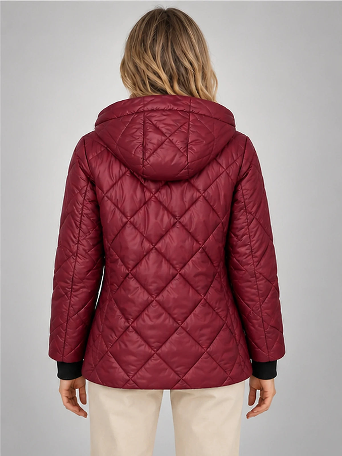 Women's Diamond Quilted Jacket – Hooded Short Length in Burgundy — back view