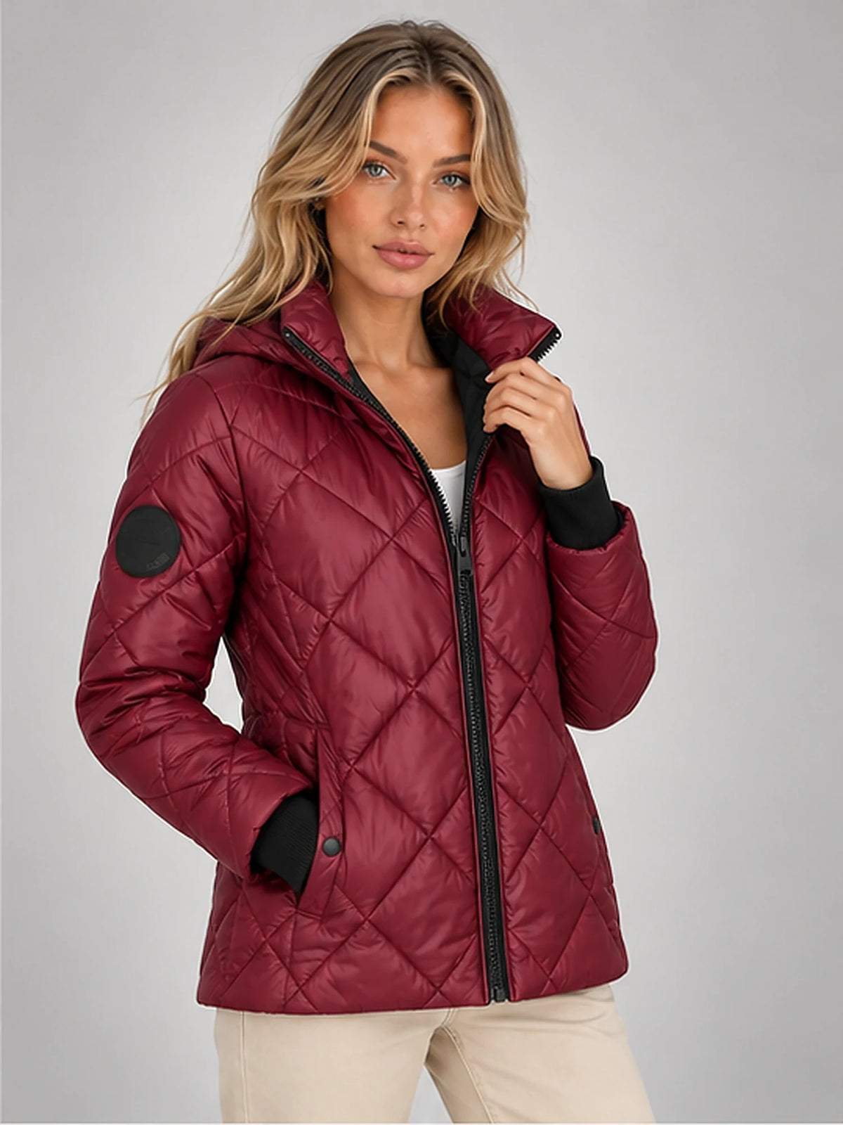 Women's Diamond Quilted Jacket – Hooded Short Length in Burgundy — alternate view