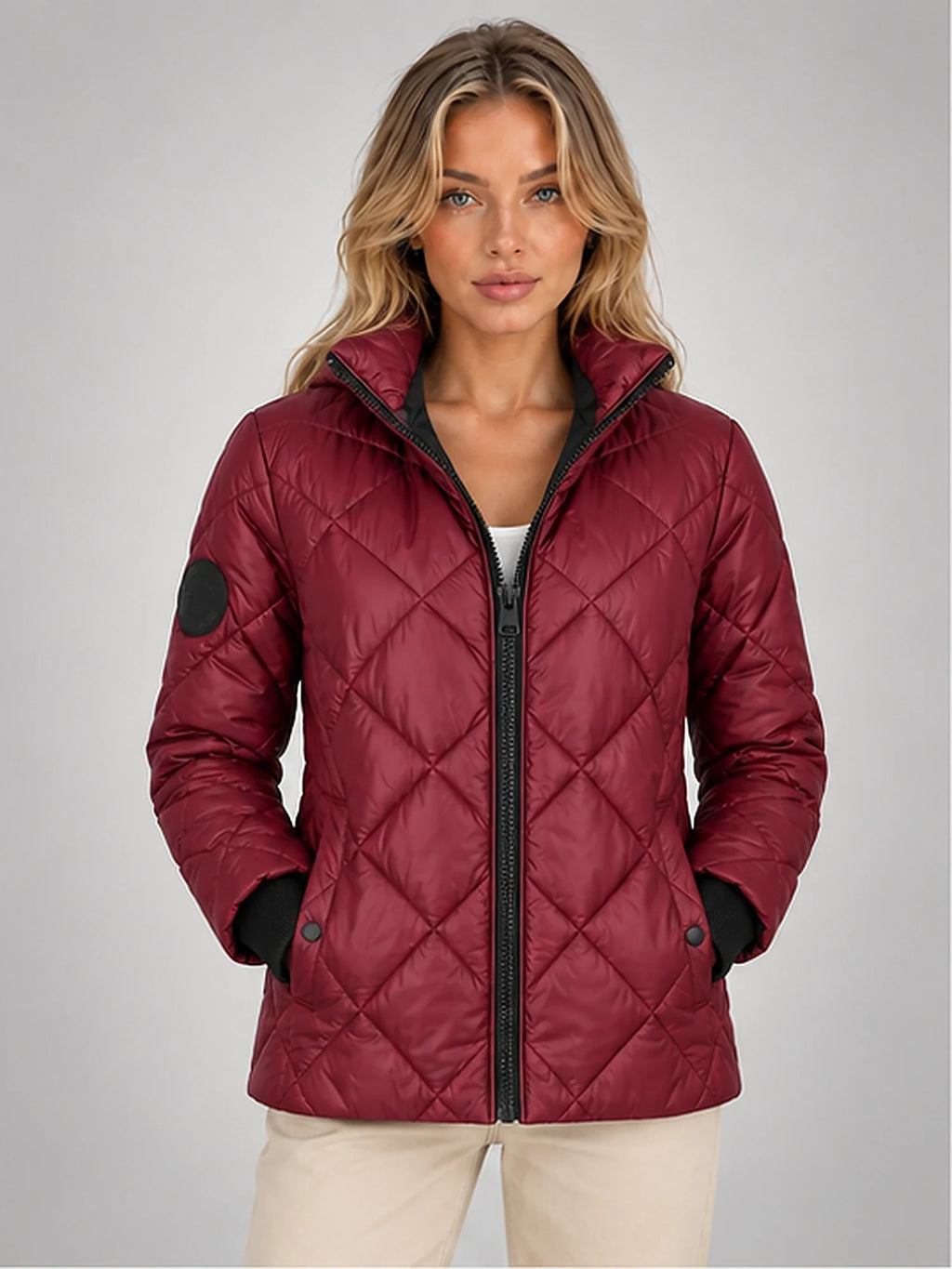 Women's Diamond Quilted Jacket – Hooded Short Length in Burgundy — front view