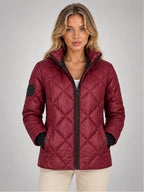 Women's Diamond Quilted Jacket – Hooded Short Length in Burgundy — front view
