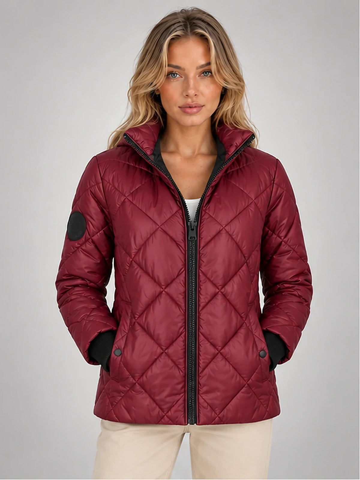 Women's Diamond Quilted Jacket – Hooded Short Length in Burgundy — front view