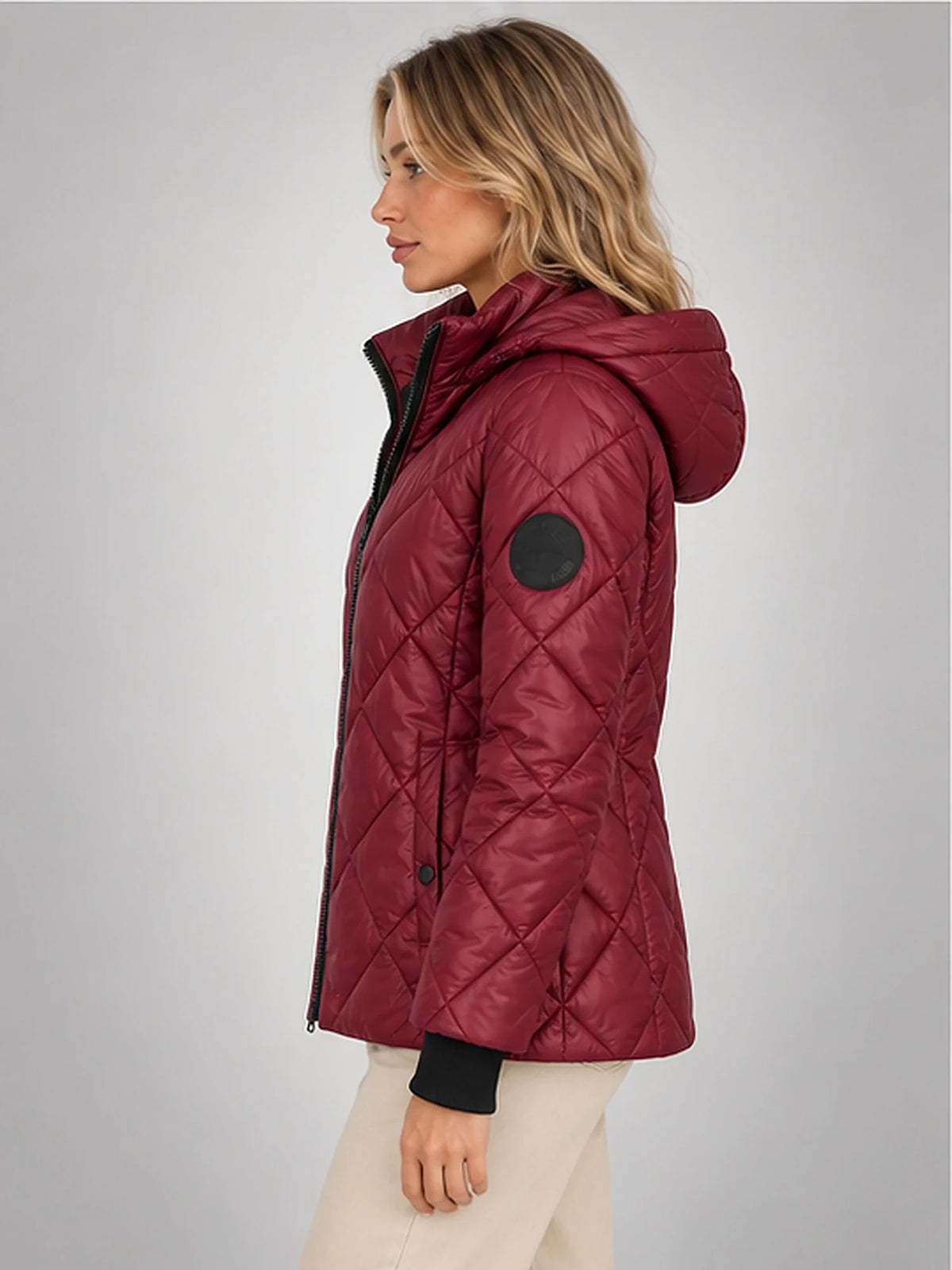 Women's Diamond Quilted Jacket – Hooded Short Length in Burgundy — side view