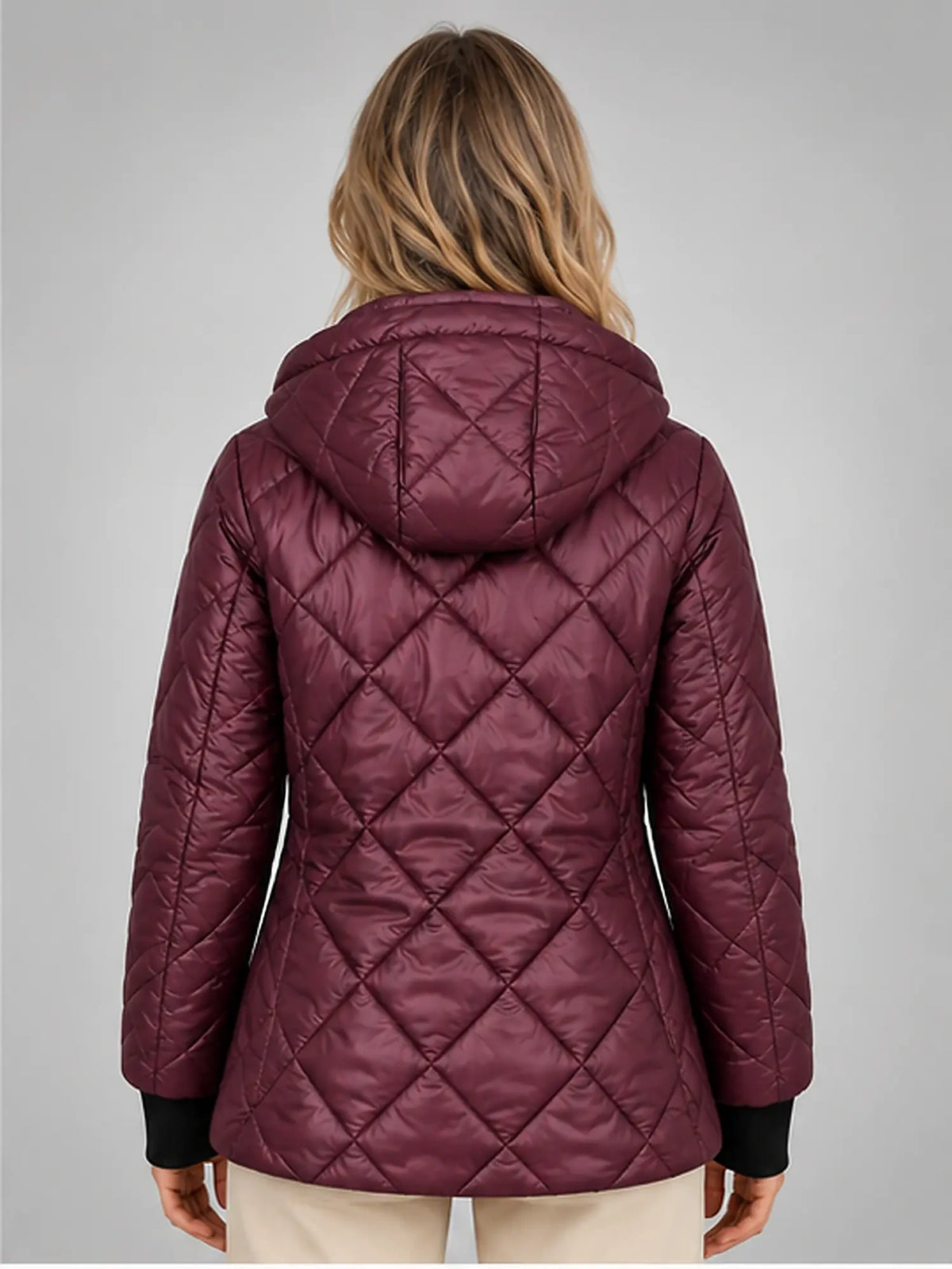 Women's Diamond Quilted Jacket – Hooded Short Length in Plum — back view