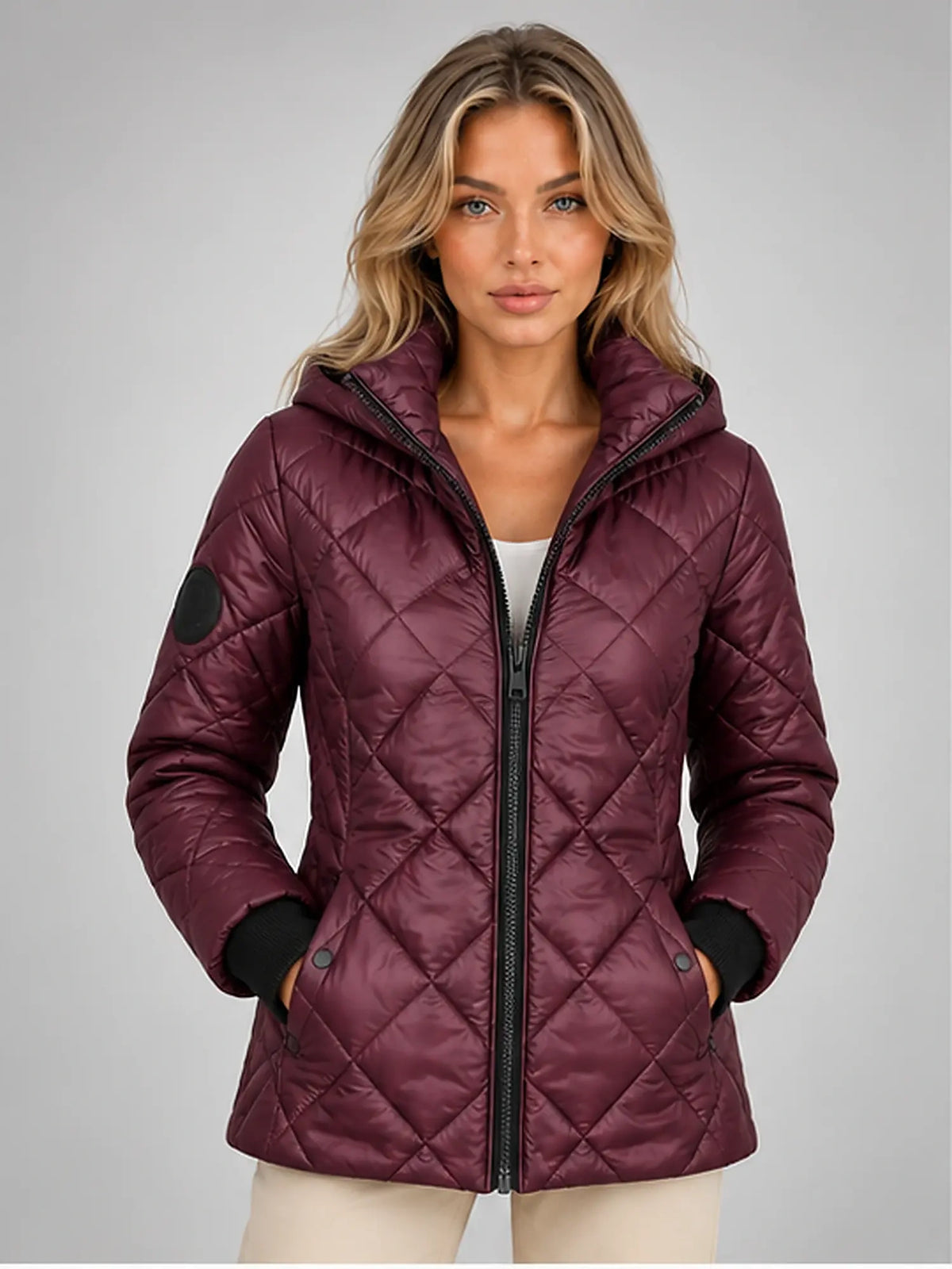 Women's Diamond Quilted Jacket – Hooded Short Length in Plum — front view