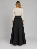 Women's Double-Breasted Maxi Skirt – Belted A-Line in Black — back view