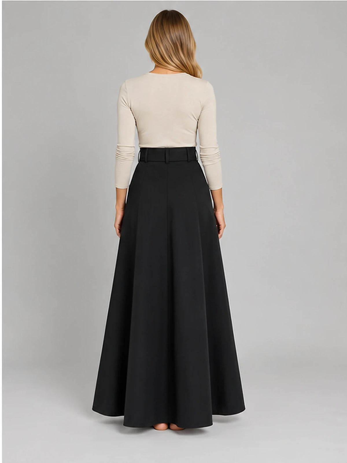 Women's Double-Breasted Maxi Skirt – Belted A-Line in Black — back view
