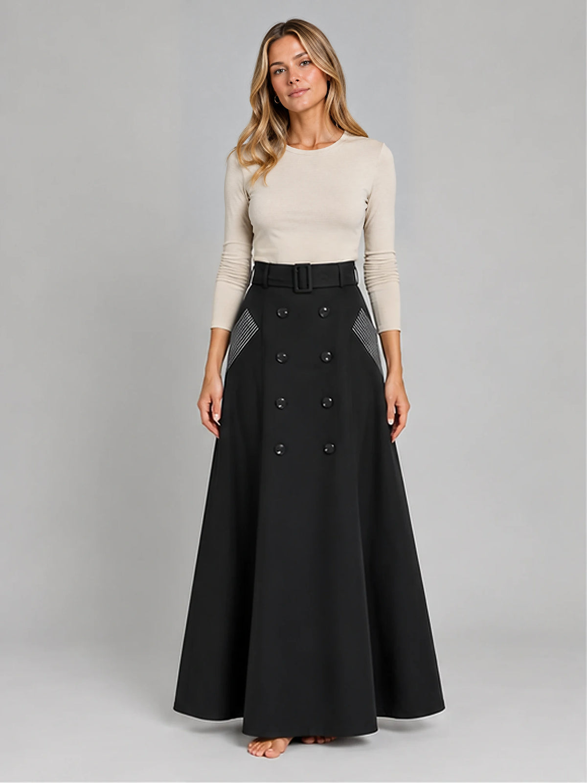 Women's Double-Breasted Maxi Skirt – Belted A-Line in Black — front view