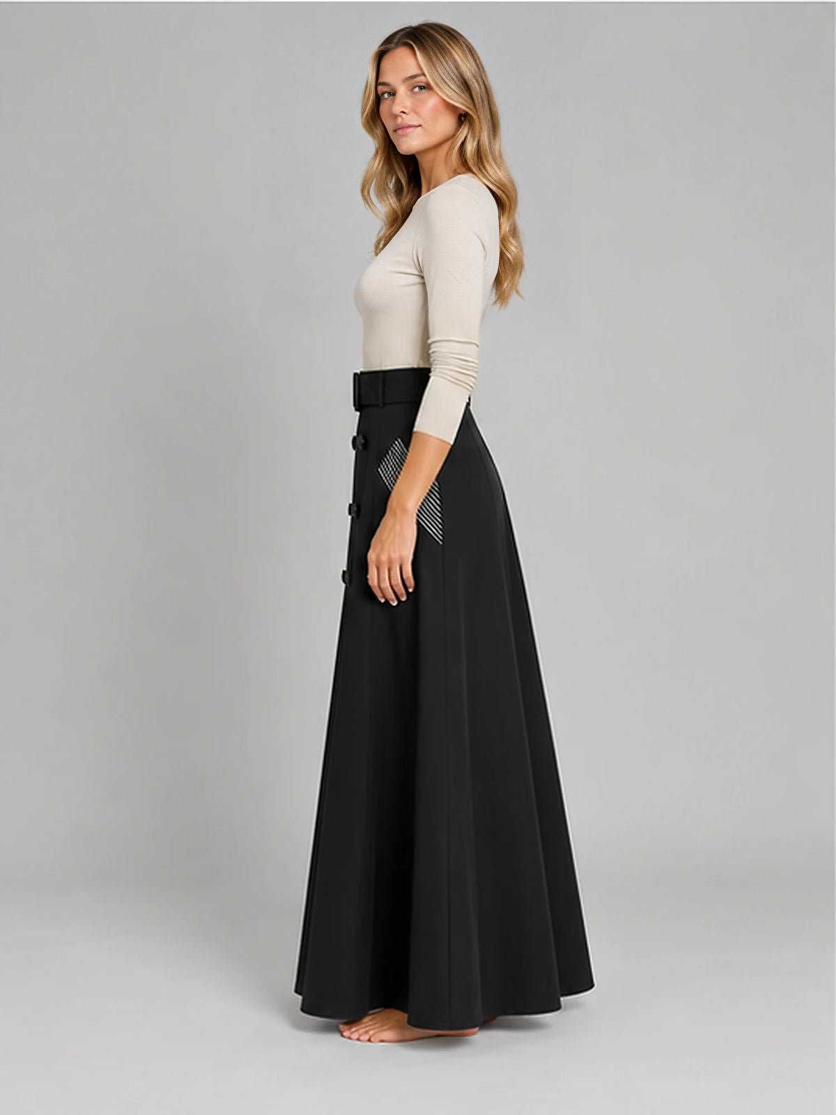 Women's Double-Breasted Maxi Skirt – Belted A-Line in Black — side view