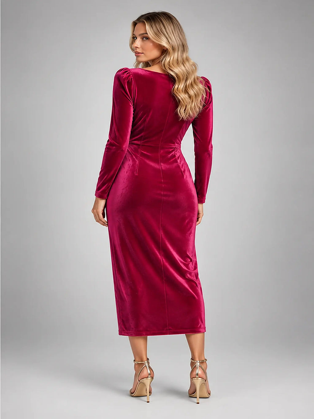 Women's Draped Velvet Midi Dress – Leaf Brooch Detail in Magenta — back view