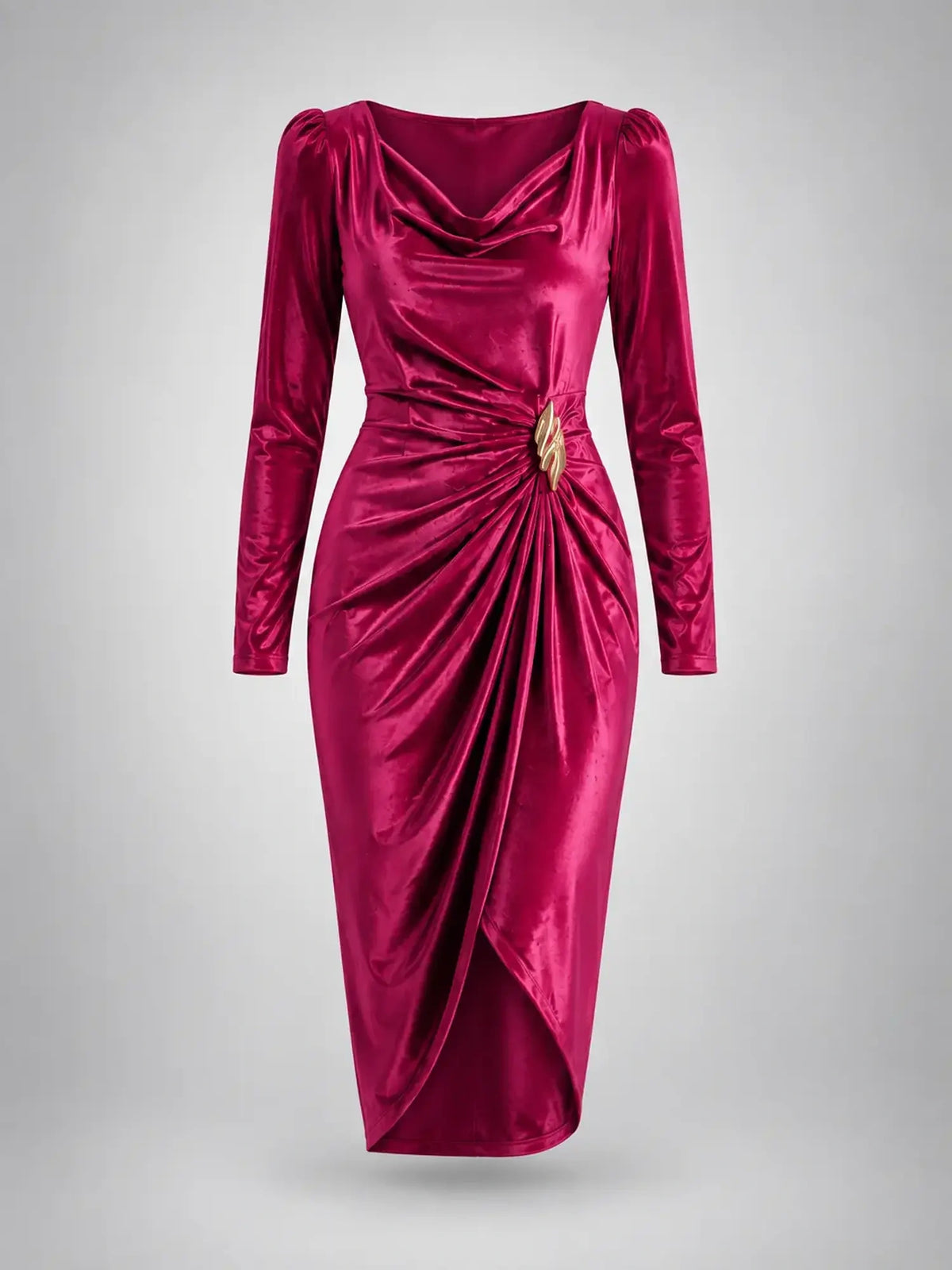 Women's Draped Velvet Midi Dress – Leaf Brooch Detail in Magenta — product detail