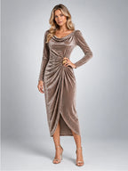 Women's Draped Velvet Midi Dress – Leaf Brooch Detail in Taupe — alternate view