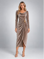 Women's Draped Velvet Midi Dress – Leaf Brooch Detail in Taupe — front view