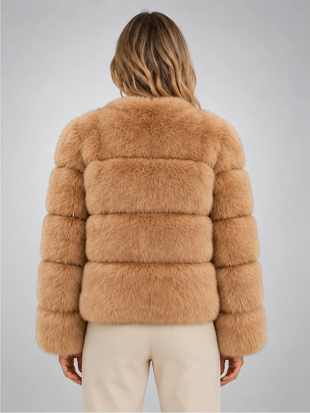 Women's Faux Fur Jacket – Panelled Construction in Camel — back view