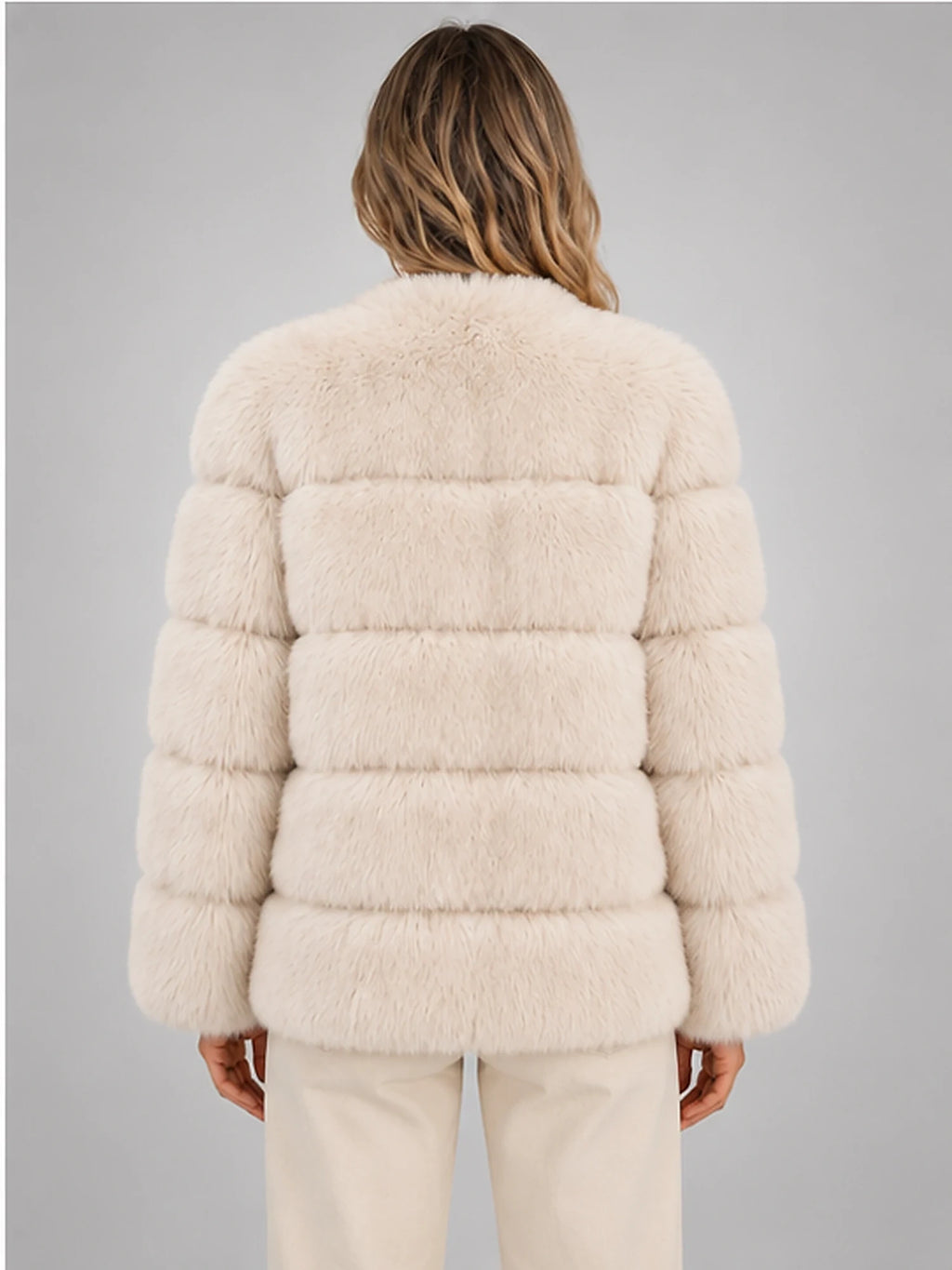 Women's Faux Fur Jacket – Panelled Construction in Cream — back view