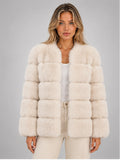 Women's Faux Fur Jacket – Panelled Construction in Cream — front view