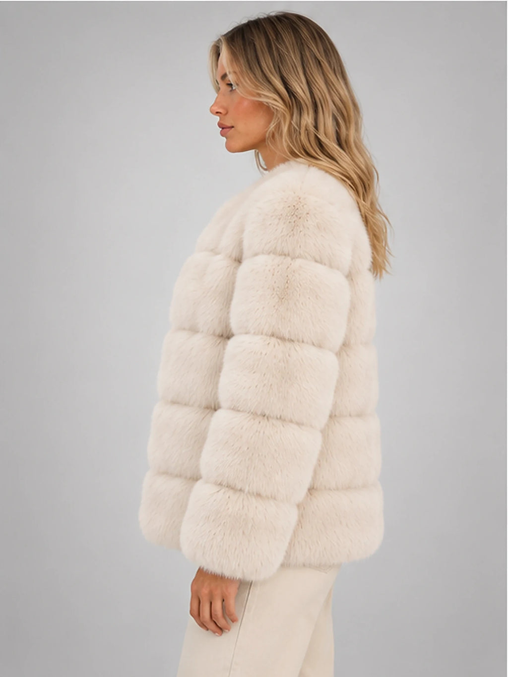 Women's Faux Fur Jacket – Panelled Construction in Cream — side view