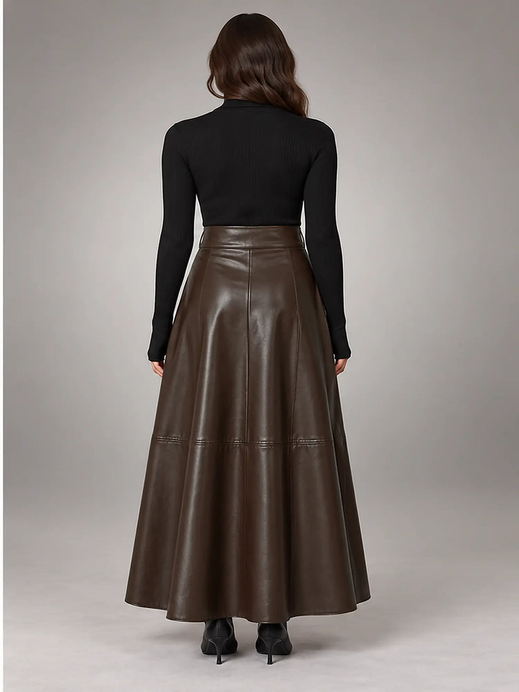 Women's Faux Leather Maxi Skirt – High Waist A-Line in Brown — back view