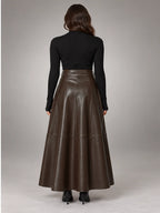 Women's Faux Leather Maxi Skirt – High Waist A-Line in Brown — back view