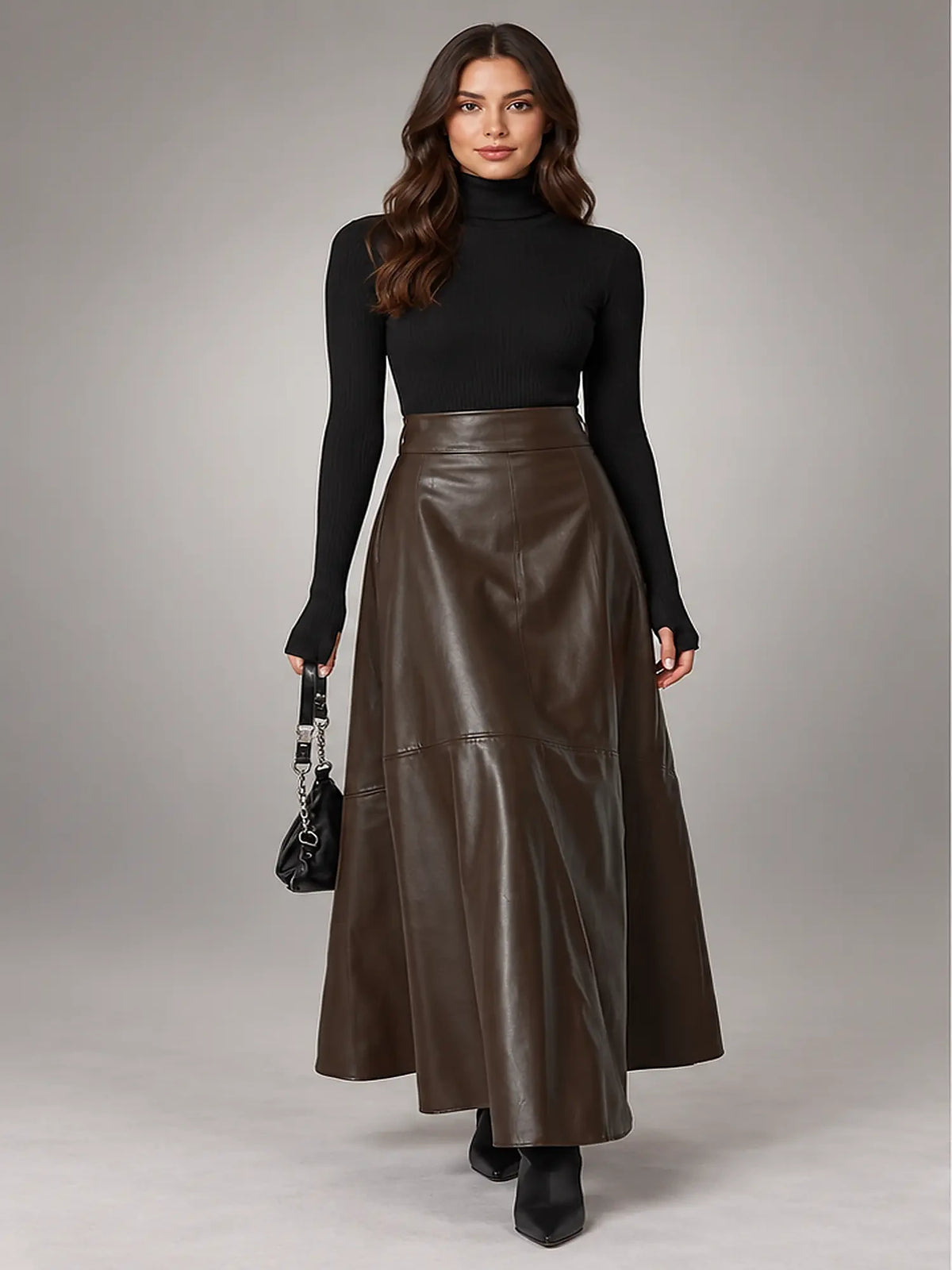 Women's Faux Leather Maxi Skirt – High Waist A-Line in Brown — front view