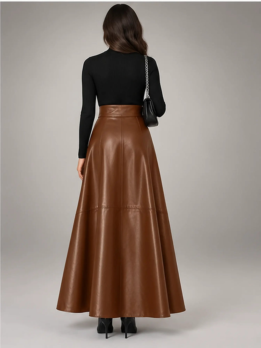 Women's Faux Leather Maxi Skirt – High Waist A-Line in Cognac — back view