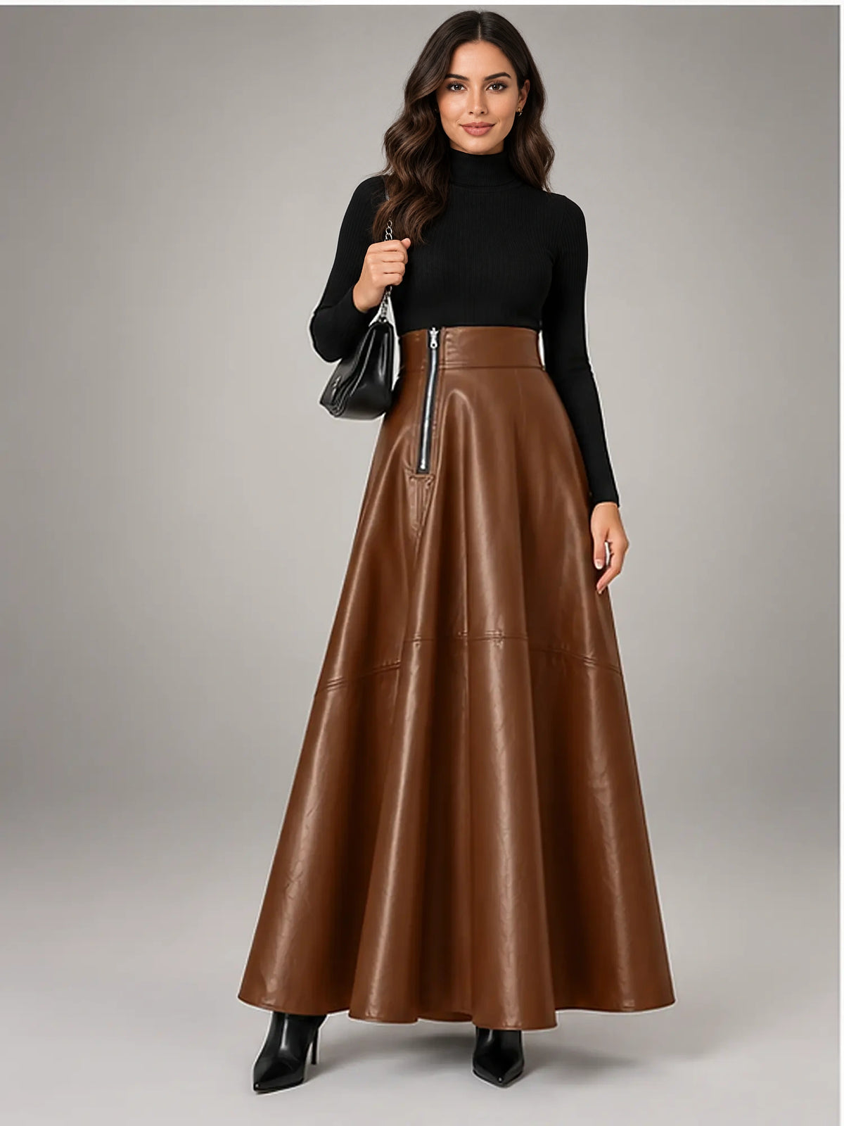 Women's Faux Leather Maxi Skirt – High Waist A-Line in Cognac — front view