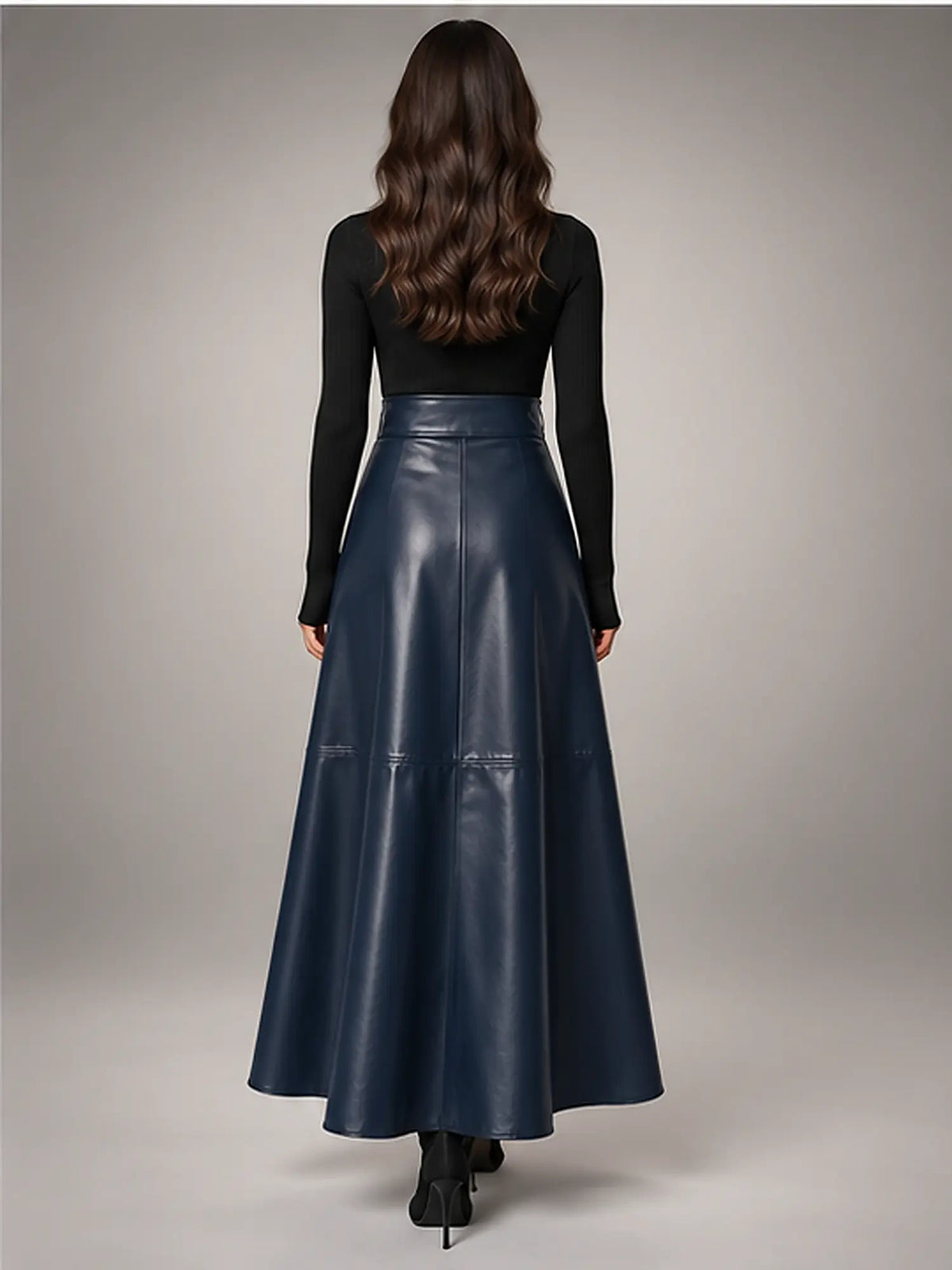 Women's Faux Leather Maxi Skirt – High Waist A-Line in Dark Blue — back view