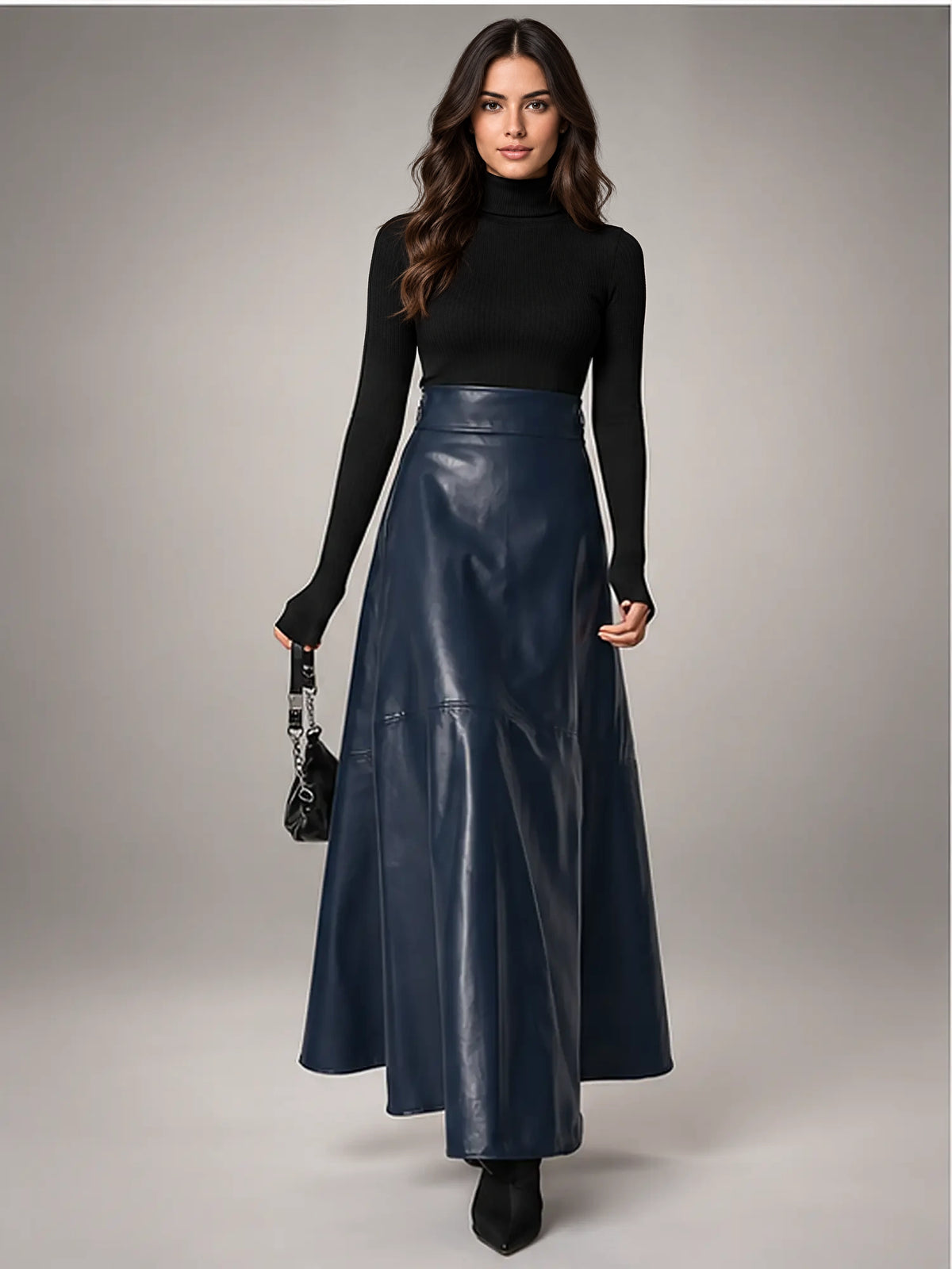 Women's Faux Leather Maxi Skirt – High Waist A-Line in Dark Blue — front view