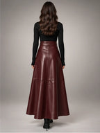Women's Faux Leather Maxi Skirt – High Waist A-Line in Dark Red — back view