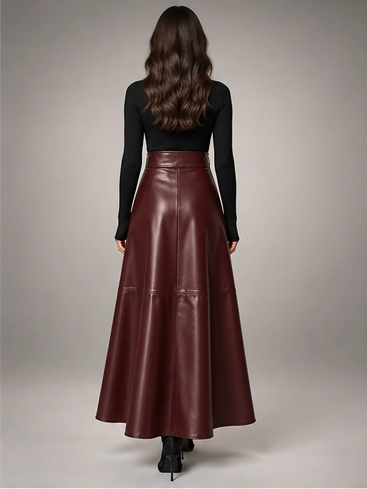 Women's Faux Leather Maxi Skirt – High Waist A-Line in Dark Red — back view