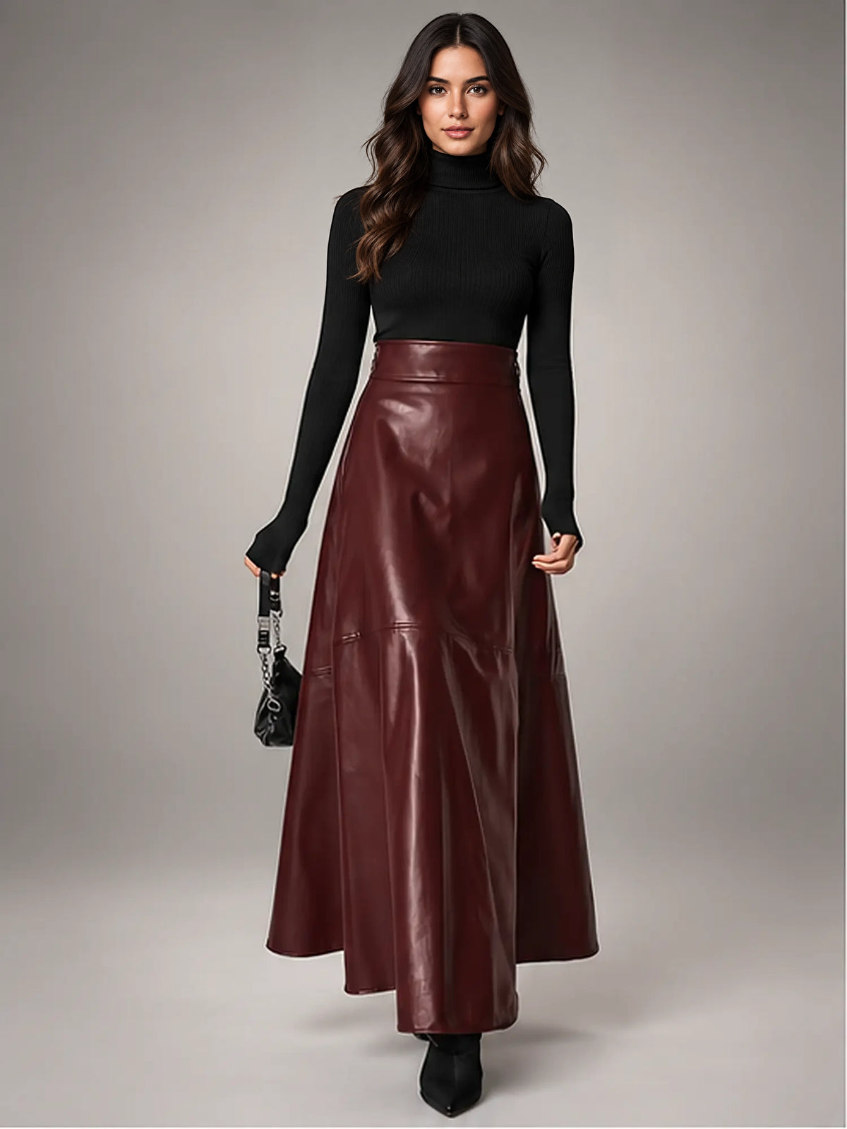 Women's Faux Leather Maxi Skirt – High Waist A-Line in Dark Red — front view