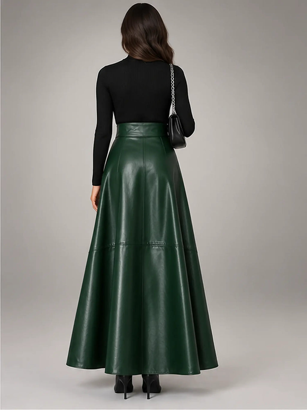Women's Faux Leather Maxi Skirt – High Waist A-Line in Green — back view
